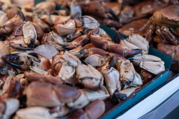 Close up parts of crabs offered at the market. Crustaceans, shellfish, seafood. Haagse Market in The Hague, Netherlands.