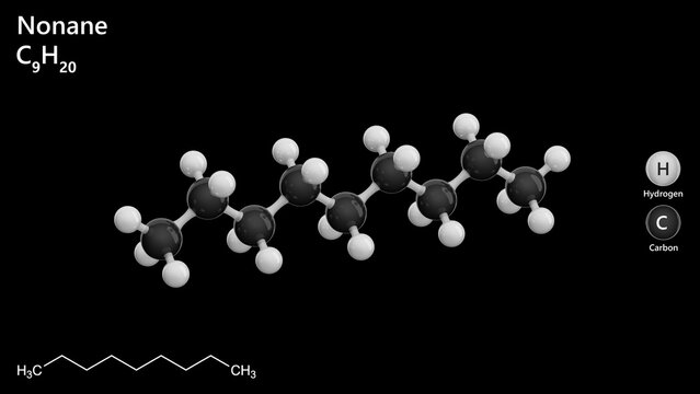 Molecule of Nonane (C9H20). It is a straight-chain alkane with nine carbon atoms. It is a colorless liquid, found in crude oil and used as a solvent. Black background. 3d illustration