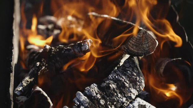 burning wood. firewood is burning. tongues of flame. orange flame. bonfire. wood-fired cooking. firewood is burning for cooking barbecue