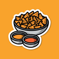 sticker of nachos in bowl with cartoon style