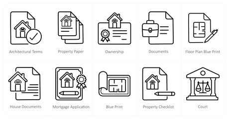 A set of 10 Real Estate icons as architectural terms, property paper, ownership