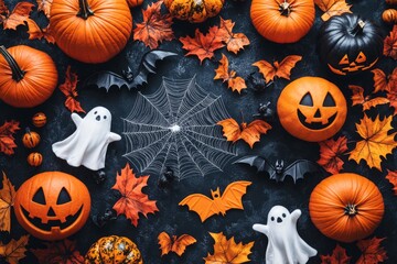 Halloween party decorations from pumpkins, bats, spider web, ghosts top view. Happy halloween holiday greeting card flat lay style. with generative ai