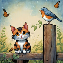 An endearing illustration of a wide-eyed calico cat and a robin perched on a fence. The robin has a vivid orange breast with a blue back, while the background is a soft blue, accented with watercolor-