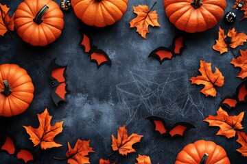 Halloween party decorations from pumpkins, bats, spider web, ghosts top view. Happy halloween holiday greeting card flat lay style. with generative ai