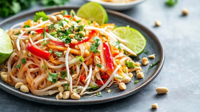 A colorful plate of vegetarian pad thai garnished with peanuts and lime wedges, Pad thai arranged in a mound shape, Soft natural light for a fresh appearance