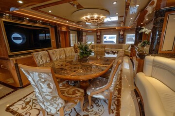 Interior design furnishing decor of the salon dining area in a large luxury motor yacht