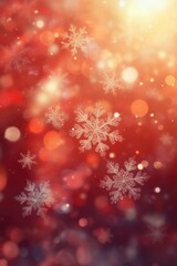 A festive holiday background featuring glowing bokeh lights and sparkling snowflakes on a warm gradient of orange and red. Perfect for Christmas and winter-themed designs, greeting cards, invitations,