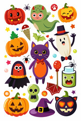 Naklejka premium A collection of cute and colorful Halloween characters, perfect for adding a festive touch to your designs. This set includes pumpkins, ghosts, a witch's hat, a cat.