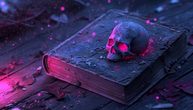 An ancient book with a weathered, cursed skull resting on its cover, as dim red light pulses from the skull's hollow eye sockets.