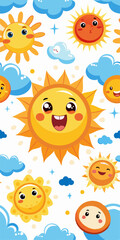 A cheerful and vibrant seamless pattern featuring cartoon suns with adorable faces and fluffy clouds. Perfect for adding a touch of sunshine to any design, this pattern is ideal for kids' products.