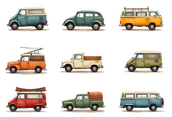 Naklejka premium Pickup truck vintage. Pattern with retro pickup truck. Vector doodle illustration 