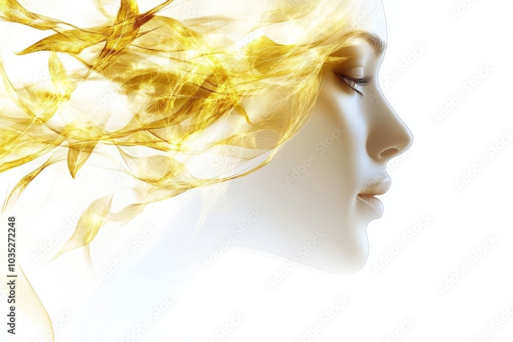 Poster abstract conceptual image of a womans profile blending into golden particles and soft gradients symb