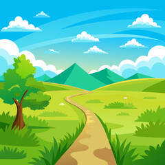 Obraz premium A vibrant cartoon illustration depicting a picturesque landscape with rolling hills, lush green grass, a winding dirt path, and a clear blue sky dotted with fluffy clouds.
