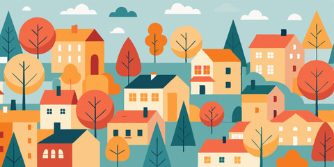 A charming illustration of a quaint town, showcasing colorful houses, vibrant trees, and a peaceful atmosphere, perfect for adding a touch of warmth and charm to your designs.