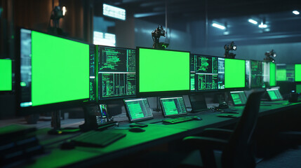 Fototapeta premium newsroom big monitor high tech control room urgent media industry with huge green screen chroma key display, 3d render modern office lighting multimedia technology indoor panorama design
