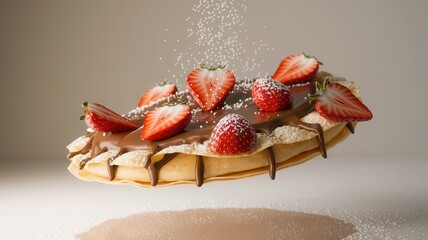 Close-up of crepe with Nutella, strawberries, and powdered sugar