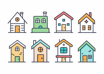 Set of 8 colorful house icons, perfect for web design, mobile apps, and other creative projects. These cute and simple illustrations feature different styles of houses, from traditional to modern.