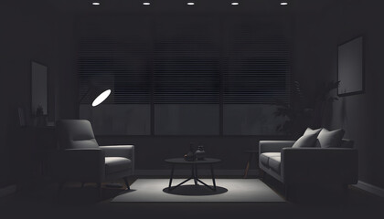 Modern office for psychotherapy session with comfortable armchair and sofa isolated with white highlights, png
