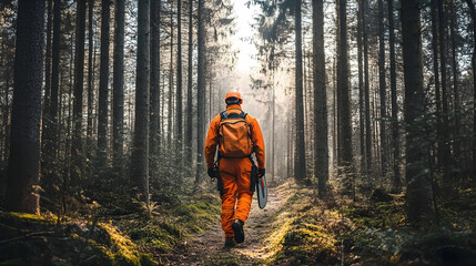 A lumberjack in an orange safety suit walking through a forest while carrying a chainsaw  -  