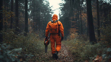 A lumberjack in an orange safety suit walking through a forest while carrying a chainsaw  -  