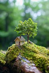 Close-up of a small house model with a green tree growing on moss in a spring forest, an energy-saving concept background. Sustainable development and environmental protection ideas