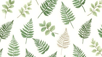 A delicate watercolor fern pattern in varying shades of green, set against a soft ivory background