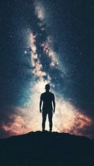 Silhouette Of Man On Mountain Top Under Starry Night Sky, Astronomy Exploration Success Concept.