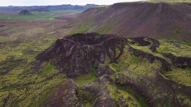 Aerial view of the majestic Eldborg volcano and crater in a stunning landscape, Reykjanes, Iceland.