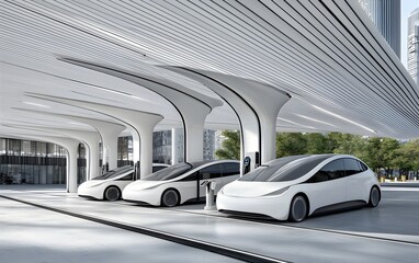 A hydrogen refueling station for fuel cell vehicles in a futuristic, eco-friendly urban setting