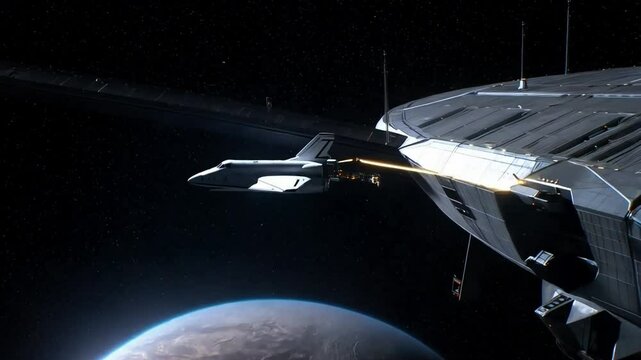 A robotic space shuttle docking smoothly with a large, empty space station orbiting a distant planet, with no astronauts visible.
