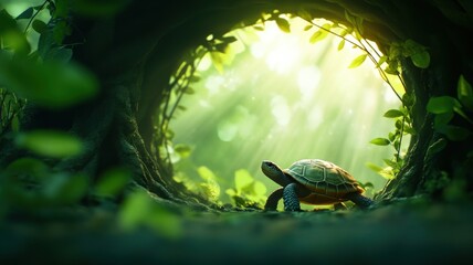 A serene turtle navigates through a lush, green tunnel, illuminated by soft sunlight filtering through, creating a peaceful, enchanting atmosphere.
