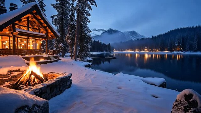 Log cabin with firepit by snowy lake at night surrounded by winter forest. Nature concept