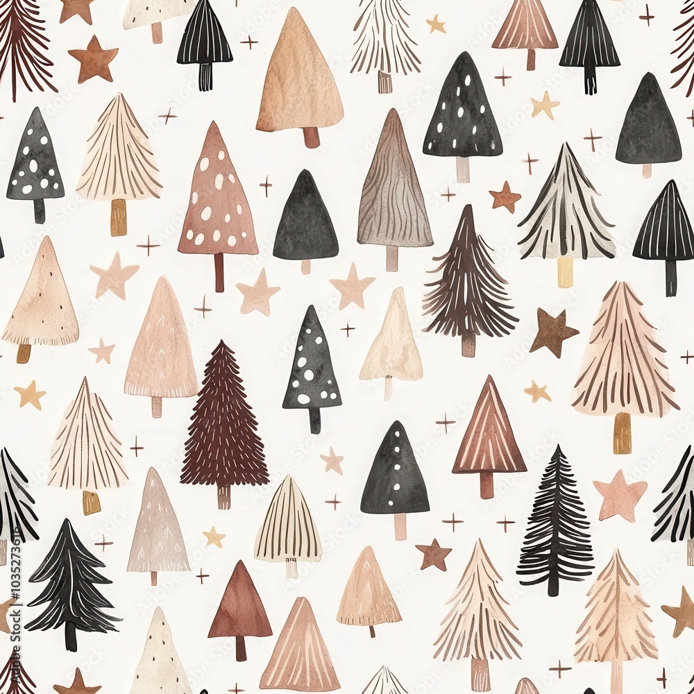 Poster a whimsical pattern featuring various stylized trees and stars in a muted color palette, ideal for f