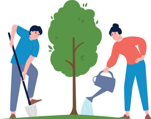 Gardening people. Man and woman planting and watering tree