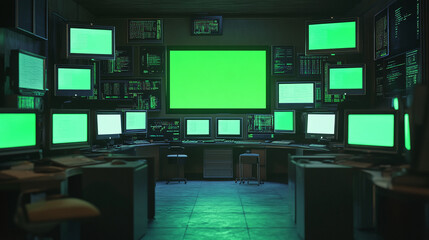 newsroom big monitor high tech control room urgent media industry with huge green screen chroma key display, 3d render modern office lighting multimedia technology indoor panorama design