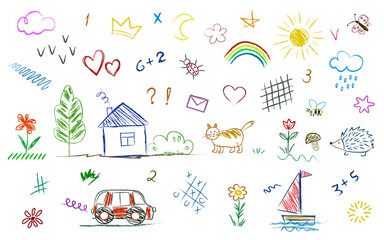 Children's drawings with chalk on a blackboard or asphalt.  Set in doodle style, objects drawn by a child, house, cat, hedgehog, sun, clouds, rainbow, plants, car, sailboat, tic-tac-toe, numbers