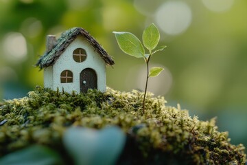 Naklejka premium Close-up of a small house model with a green tree growing on moss in a spring forest, an energy-saving concept background. Sustainable development and environmental protection ideas