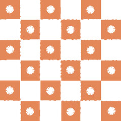 White silhouette of flowers on light orange checkered background seamless pattern.
