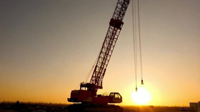 A large construction crane silhouetted against the rising sun as it moves materials in an empty construction site, with only the hum of machinery.
