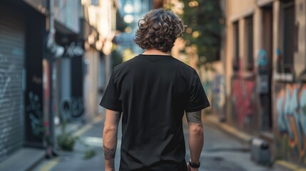 Fototapeta premium A man with curly hair and tattoos walks down a narrow alleyway in an urban city.