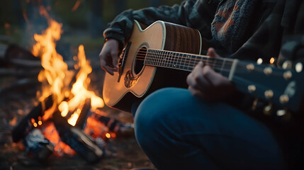 Obraz premium A person playing an acoustic guitar by a campfire, capturing the essence of music and relaxation outdoors - 