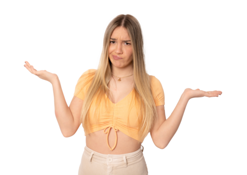 Portrait of a confused young casual girl shrugging shoulders isolated over transparent background