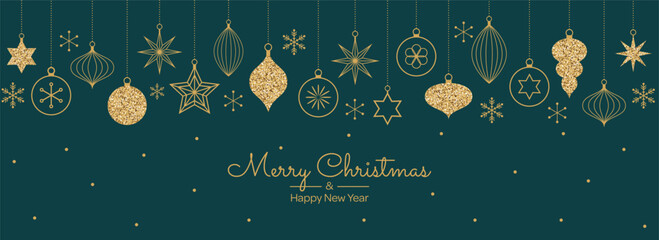 Merry Christmas template background with gold geometric minimalist elements and icons on dark green. Abstract trendy banner with vintage tree decorations in simple flat design. Vector illustration.