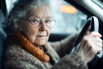 Portrait of a smiling aging woman sitting in a vehicle