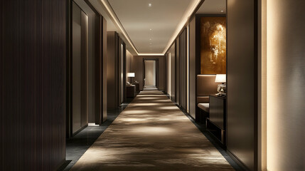 A serene hotel corridor with soft modern lighting illuminating dark walls and carpeted floors, evoking calm and luxury  -  