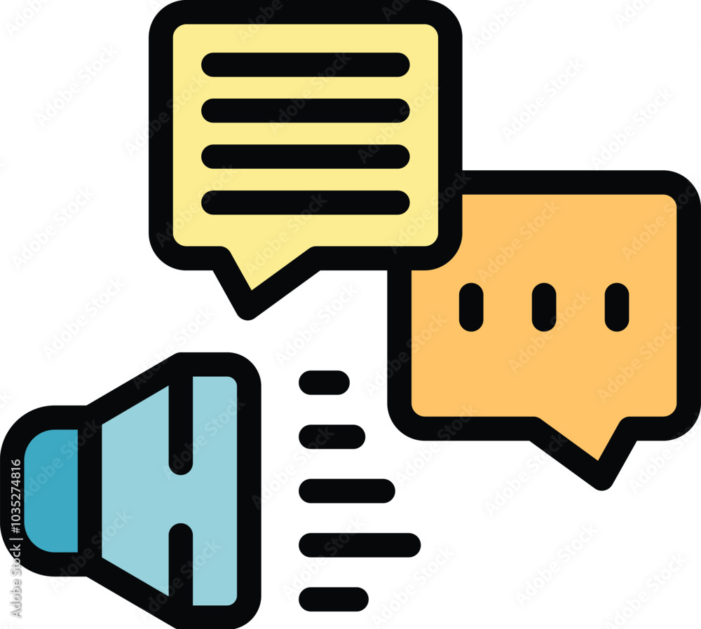 Poster megaphone is sending sound waves to speech bubbles, communicating a message