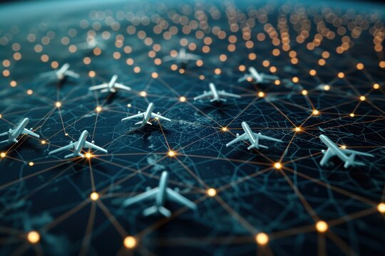 Visual representation of global air traffic with multiple airplanes connected by a network of glowing lines and nodes.