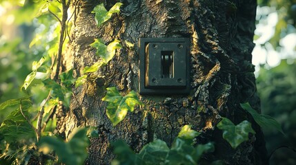 Vintage camera on a tree in the forest. Retro style, Camera trap or spy photo camera in forest, AI Generated