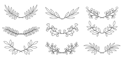 Line art wreaths drawing, botanical leaves borders