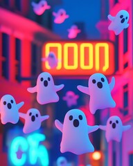 Whimsical ghosts float through a neon-hued urban landscape capturing the spirit of halloween in a playful atmosphere, cartoon ghost sign vibrant